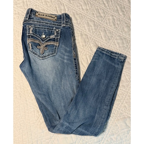 Rock Revival Denim - Rock Revival Shaina Mid-Rise Skinny Jeans Blue Fleur De Lis Rhinestone Size 29